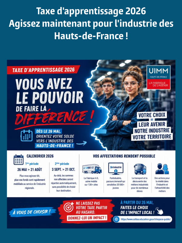 Taxe d&rsquo;apprentissage 2026 – agissez maintenant pour l&rsquo;industrie des Hauts-de-France !